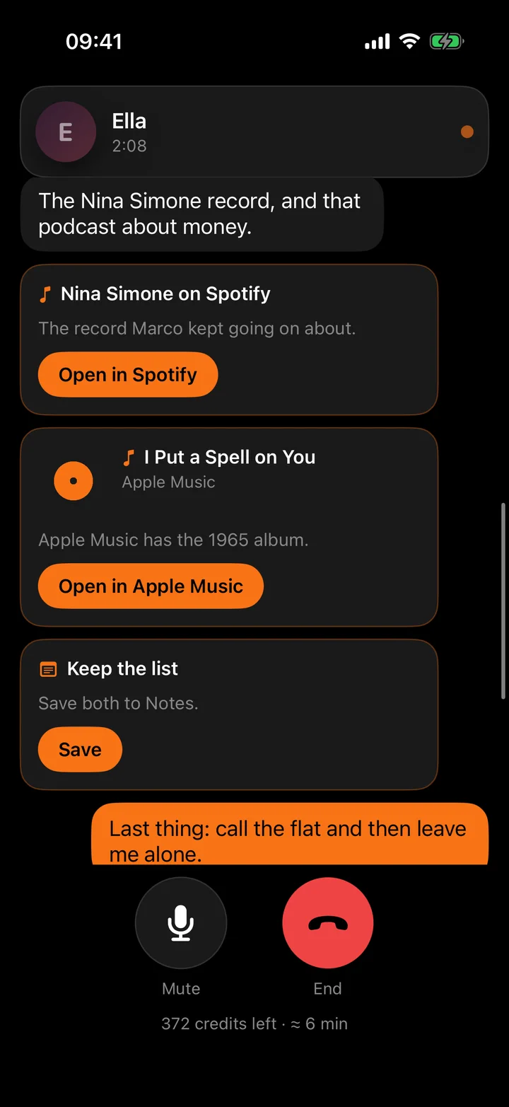 A Breezy call showing three cards the character prepared: a Spotify track with an Open in Spotify button, an Apple Music track with an Open in Apple Music button, and a note with a Save button.