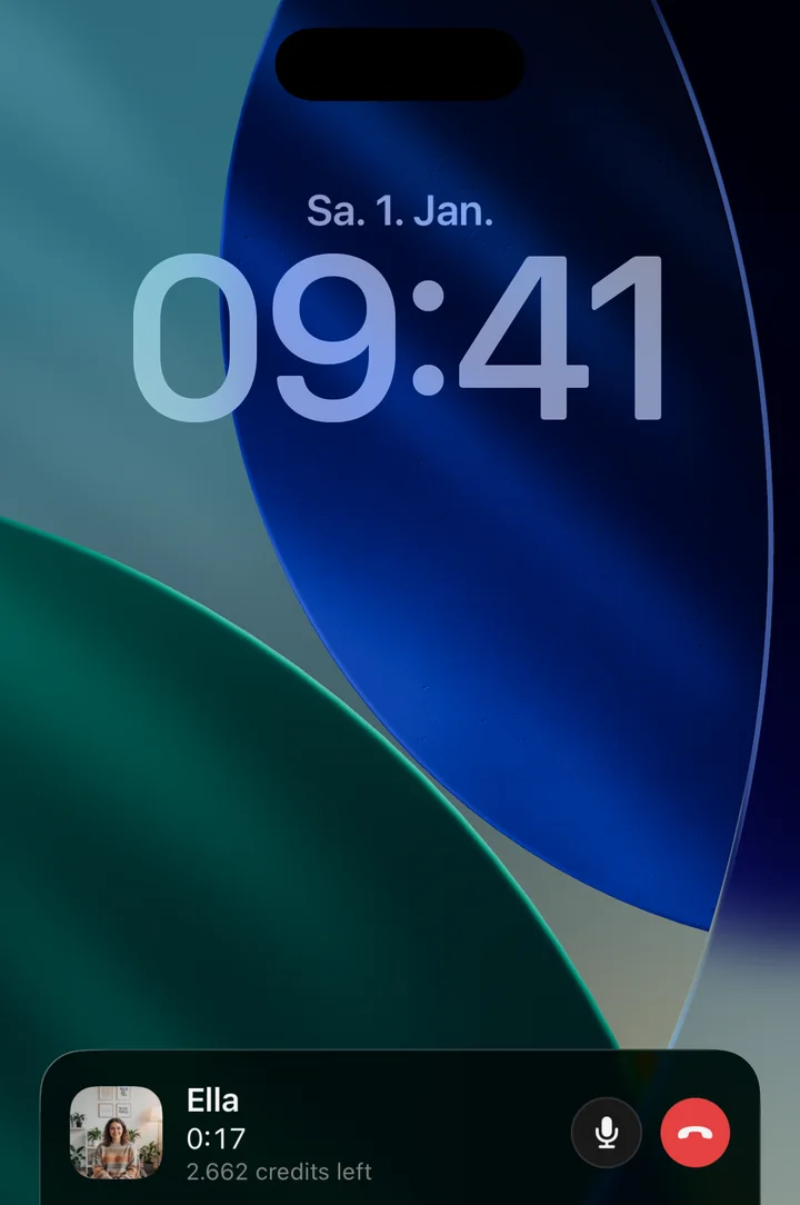 An iPhone lock screen showing the clock and, below it, the Breezy live activity: Ella, a timer at 17 seconds, the credits left, a mute button and a red end-call button.