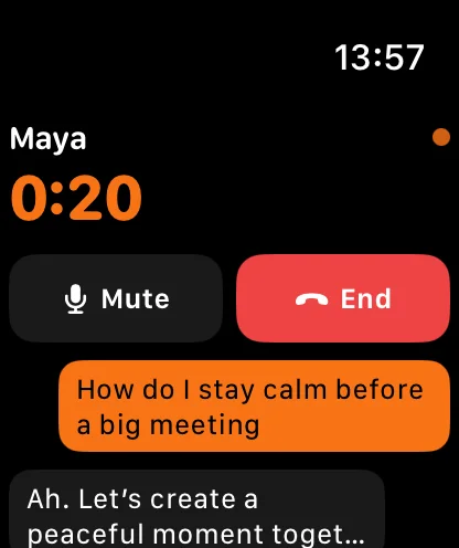 The Breezy watch app during a call with Maya: a timer at 20 seconds, mute and end buttons, and the last two lines of the conversation.